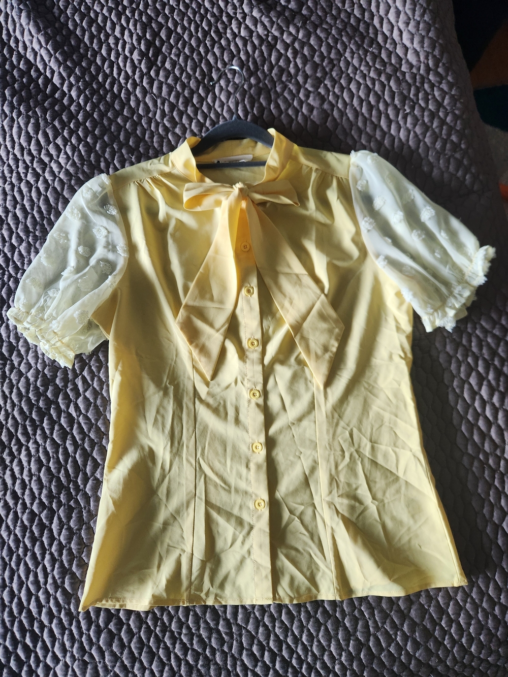 Yellow Bow Tie Puff Sleeve Blouse